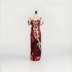 Handmade Sequin Gown XS Red Dress Long Beaded Wiggle Sheath Puff Sleeve Vintage